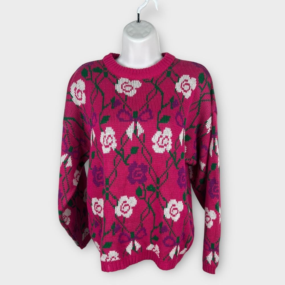 Vtg Chateau Pink White Rose Bow Print 90s Sweater‎ Coquette Small